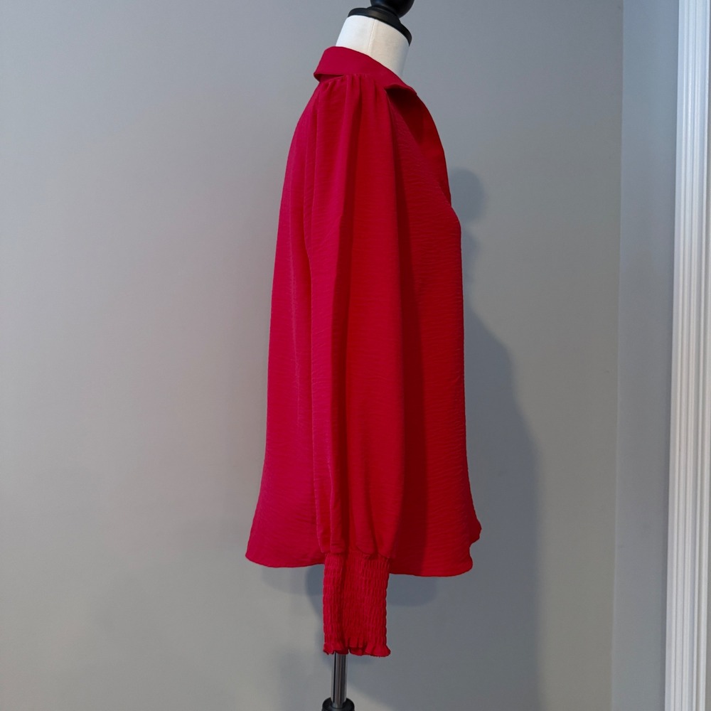 Red Jolie & Joy Blouse, Collared V Neck, Long Bishop Sleeves, Women's Size S - Picture 4 of 10